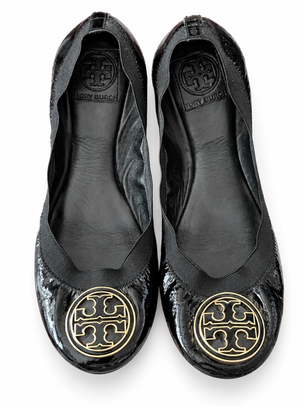 Tory Burch Black Patent Leather Logo Ballet Flats with Gold Medallion